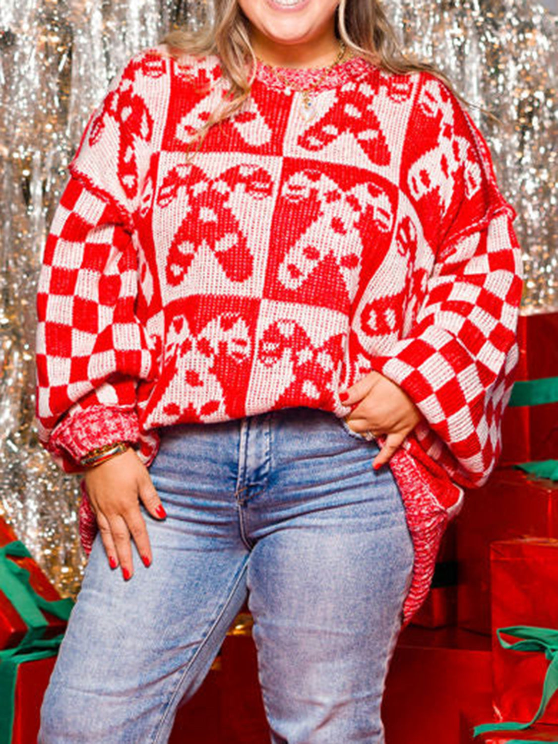Candy Cane Contrast Round Neck Sweater - Charming Charlie