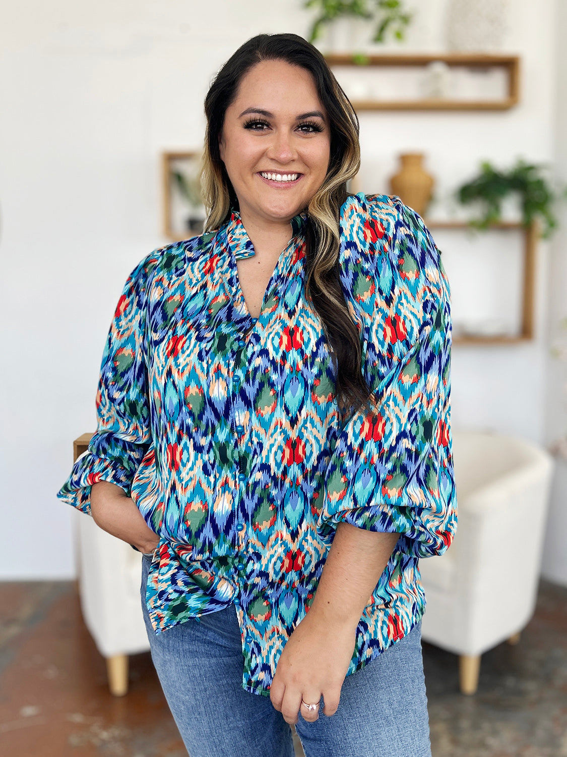 Double Take Full Size Printed Balloon Sleeve Blouse - Charming Charlie