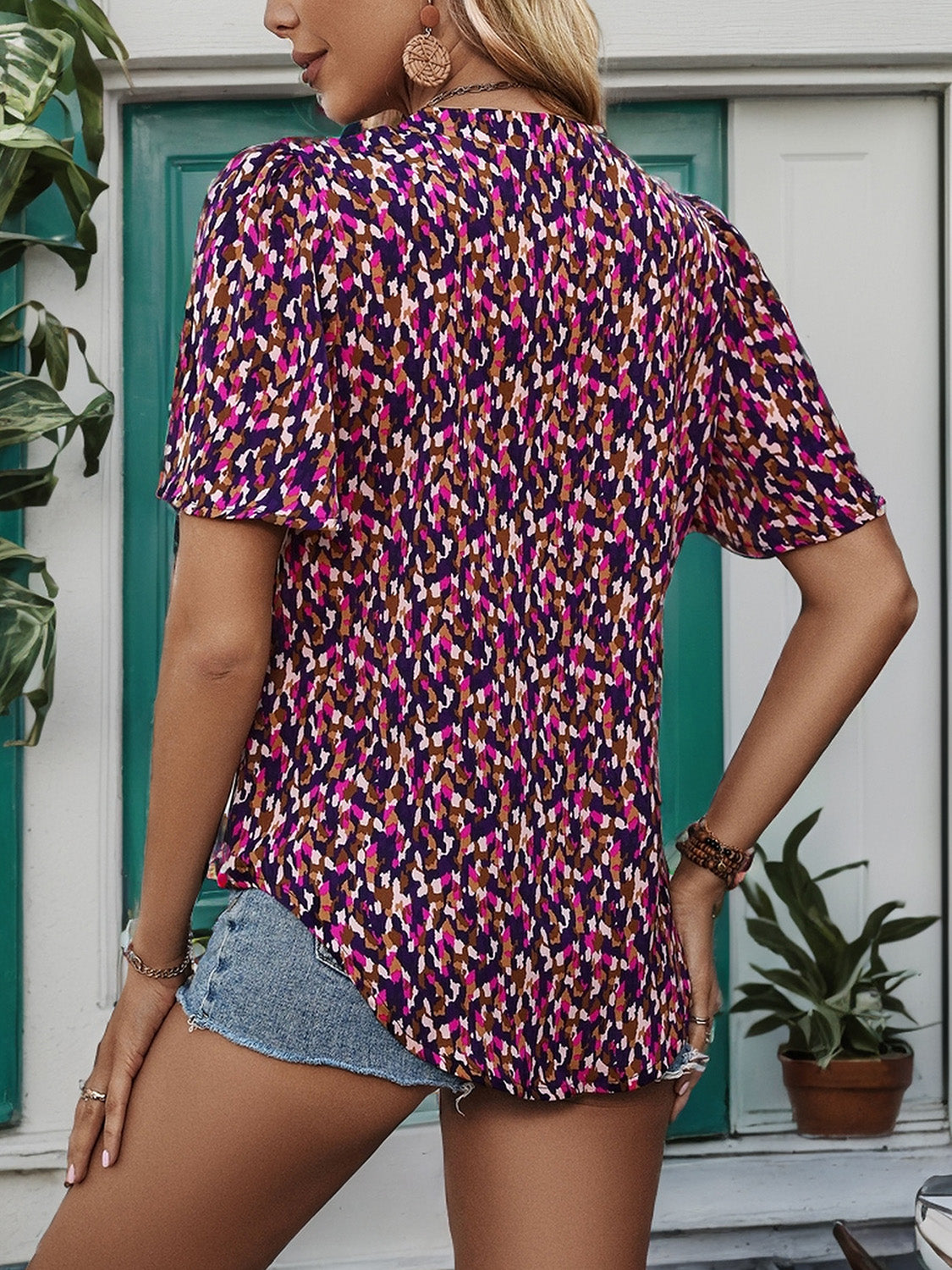Printed Notched Flutter Sleeve Blouse - Charming Charlie
