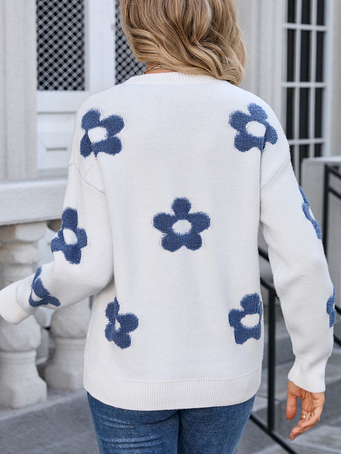 Flower Round Neck Long Sleeve Sweater - Charming Charlie
