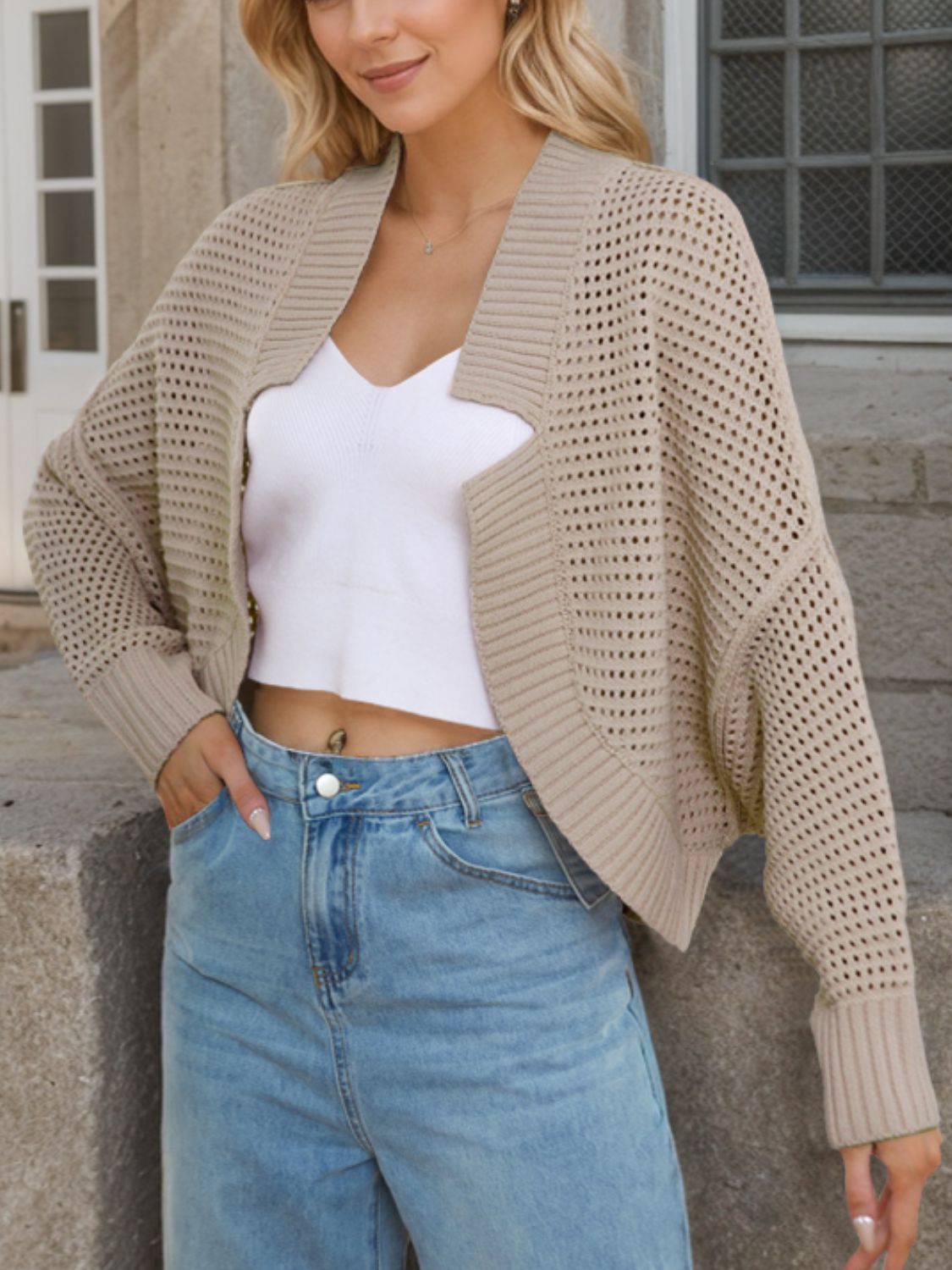 Openwork Open Front Long Sleeve Cardigan - Charming Charlie