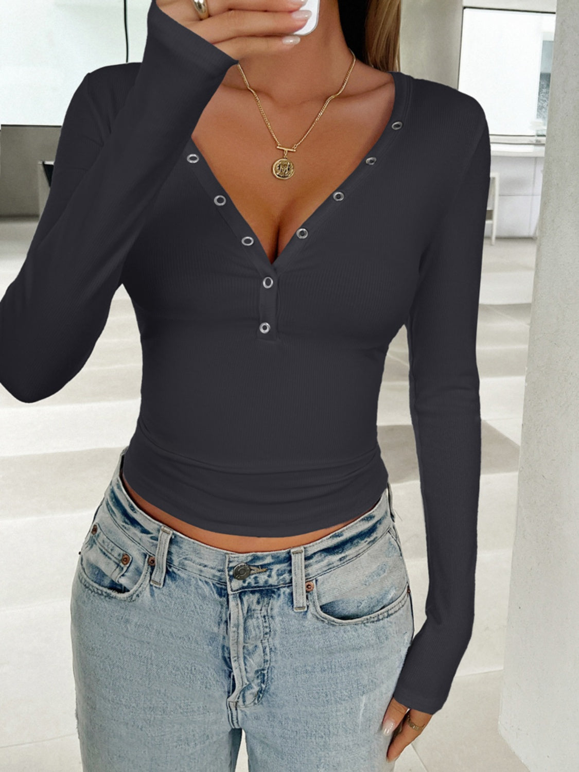 V-Neck Long Sleeve T-Shirt - Charming Charlie
