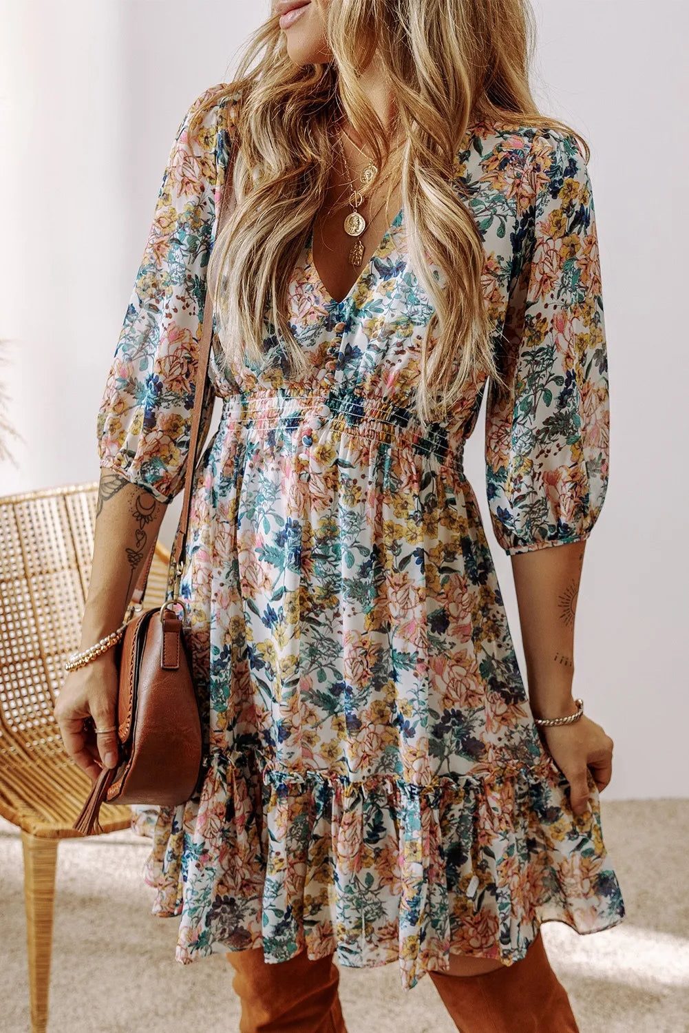 Printed V-Neck Half Sleeve Dress - Charming Charlie