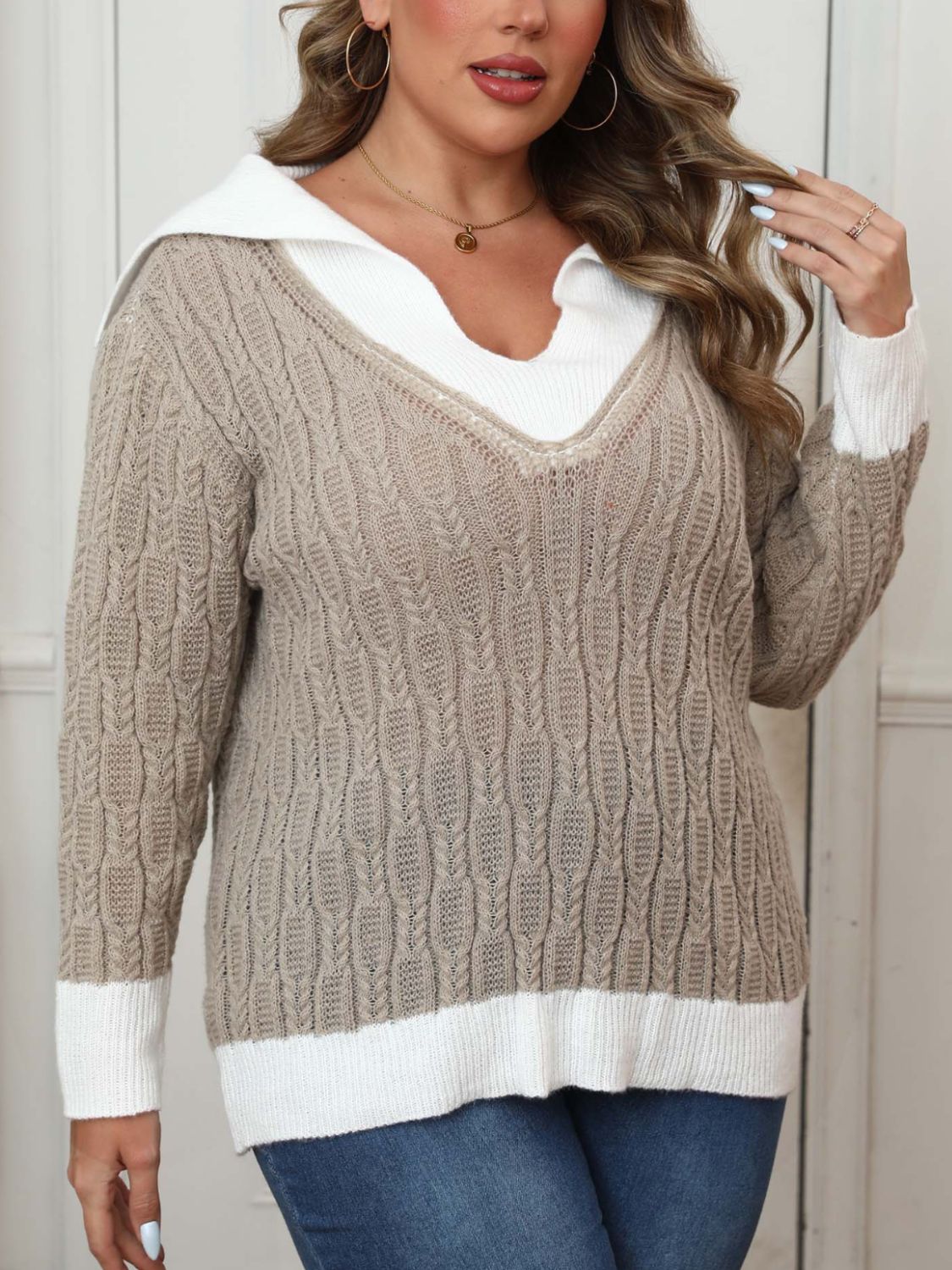 Plus Size Contrast Trim Collared Neck Sweater - Charming Charlie