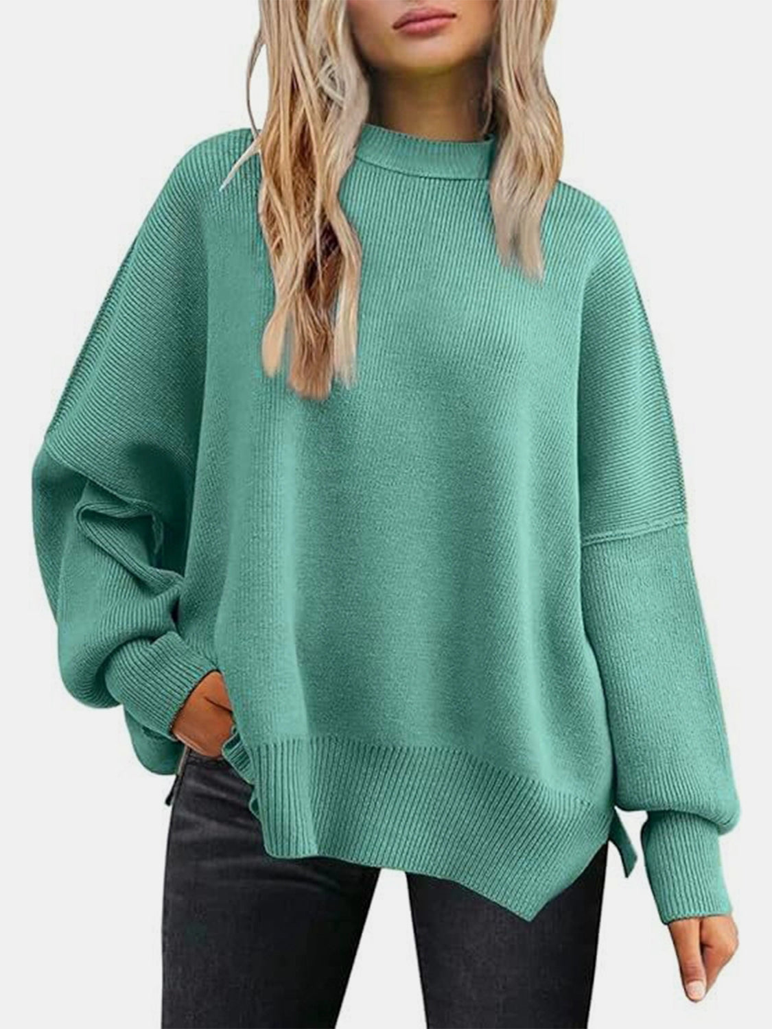 Round Neck Drop Shoulder Slit Sweater - Charming Charlie