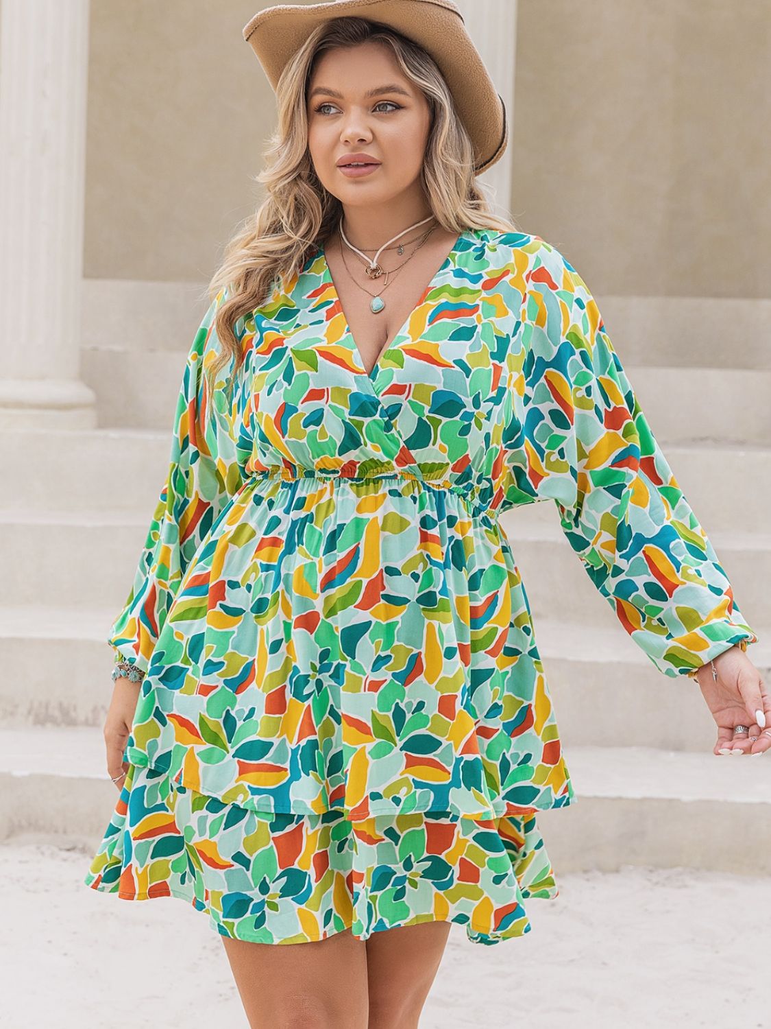 Plus Size Printed Surplice Long Sleeve Mini Dress - Charming Charlie