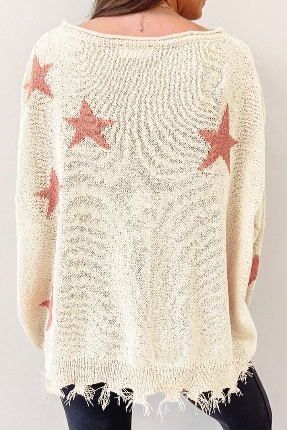 Contrast Star Raw Hem Long Sleeve Knit Top - Charming Charlie