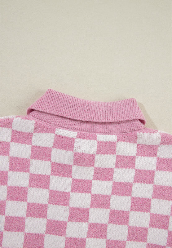 Checkered Collared Neck Long Sleeve Sweater - Charming Charlie