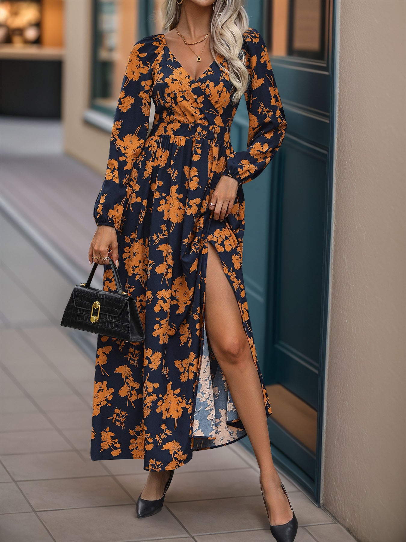 Split Printed Surplice Long Sleeve Midi Dress - Charming Charlie