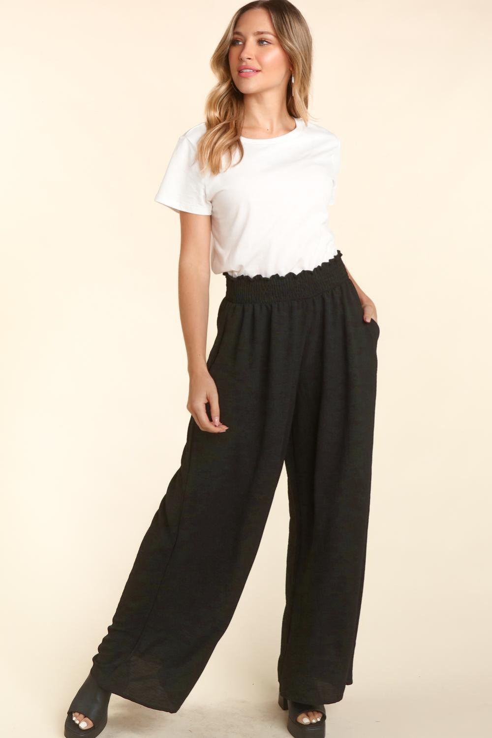 Haptics Elastic Waist Wide Leg Pants with Pockets - Charming Charlie