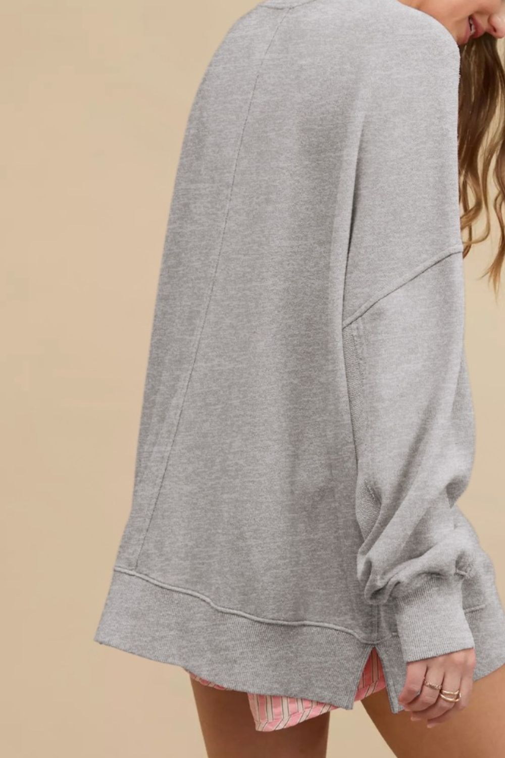 Side Slit Round Neck Long Sleeve Sweatshirt - Charming Charlie