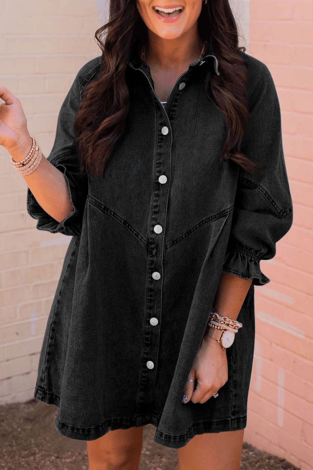 Distressed Collared Neck Flounce Sleeve Denim Dress - Charming Charlie