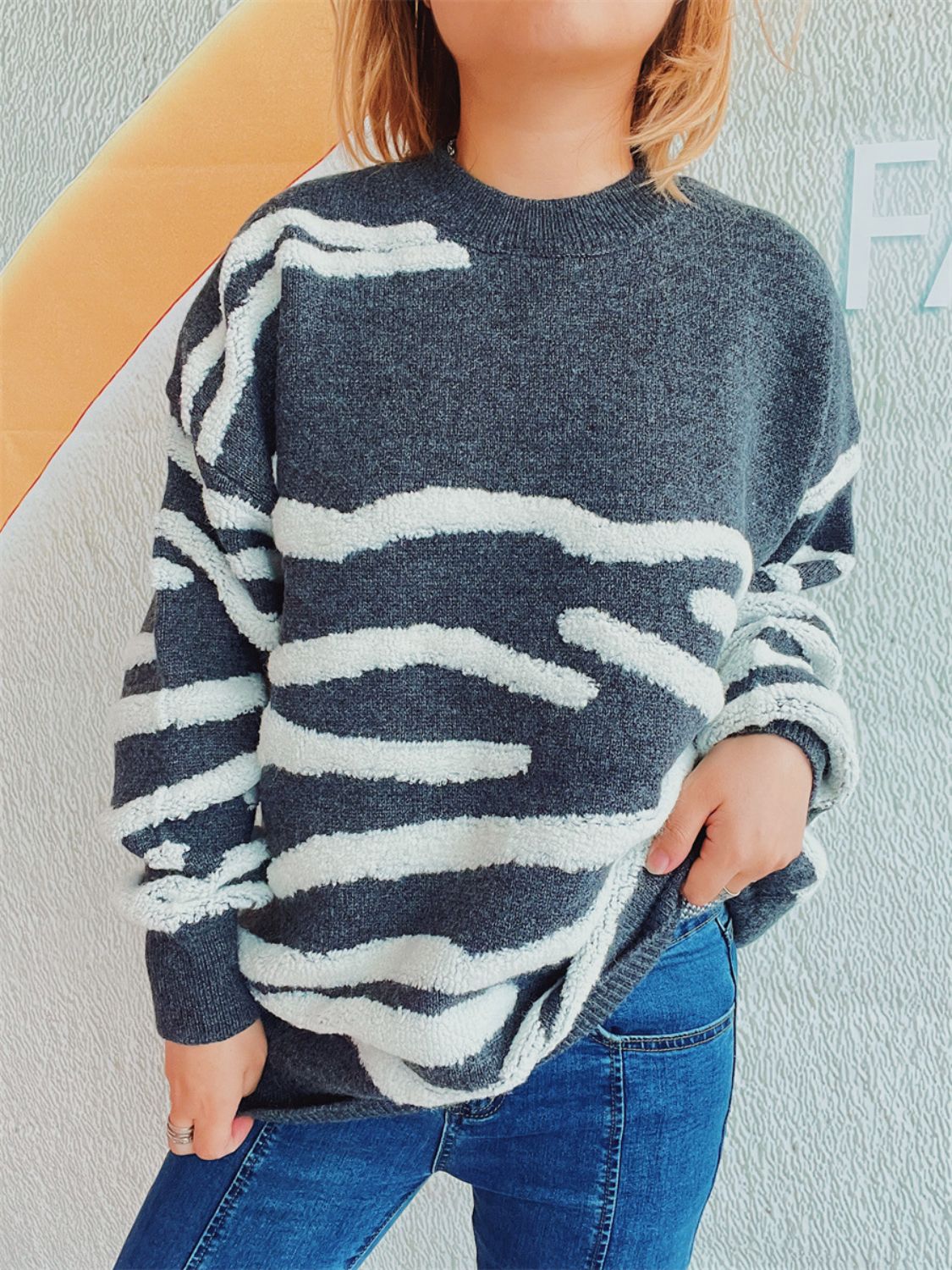 Contrast Round Neck Long Sleeve Sweater - Charming Charlie
