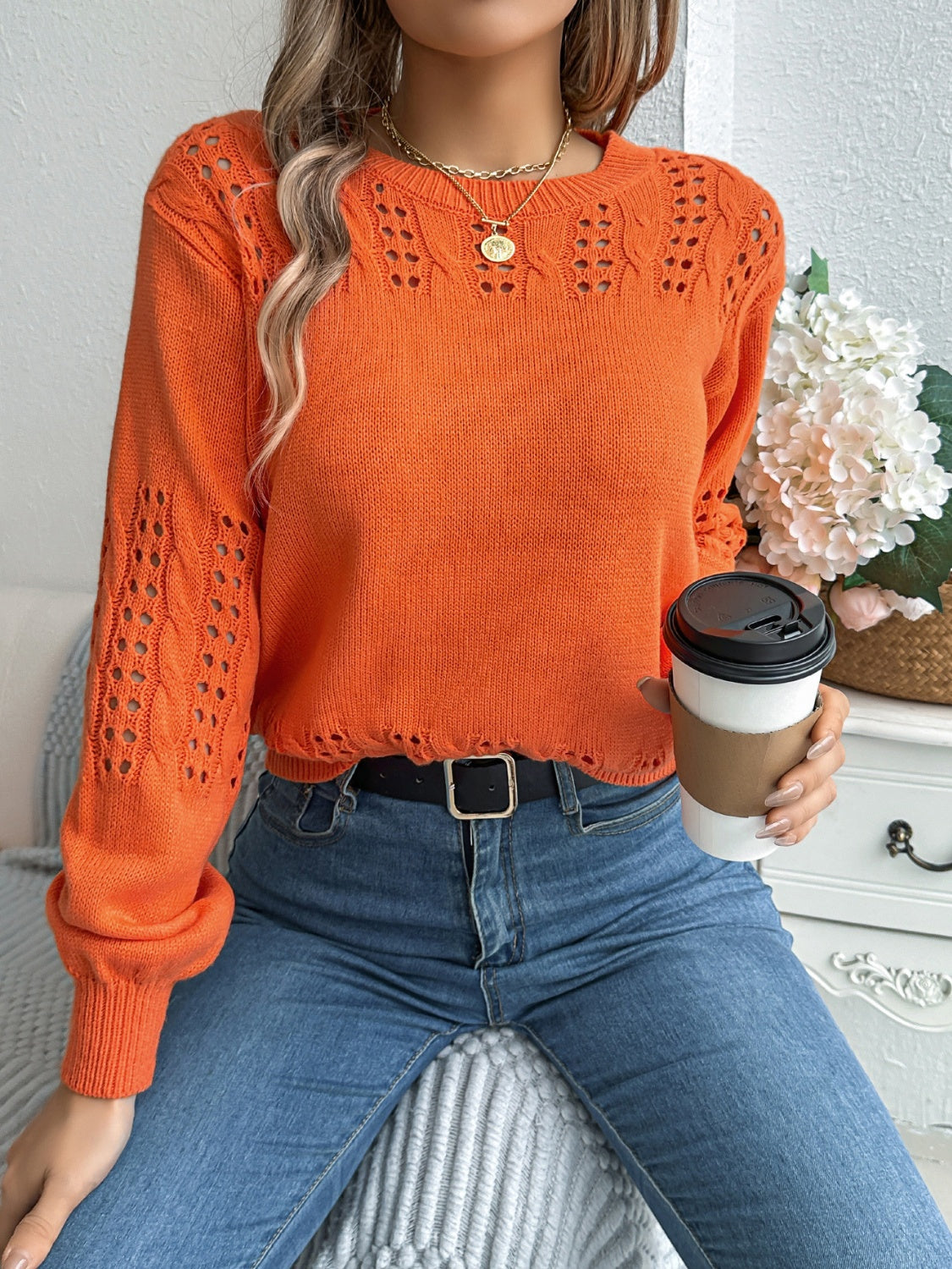 Openwork Round Neck Long Sleeve Sweater - Charming Charlie