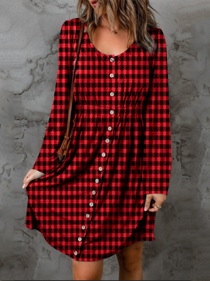 Double Take Full Size Plaid Round Neck Long Sleeve Magic Dress - Charming Charlie