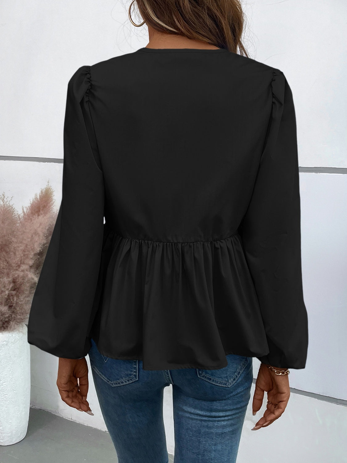Peplum Tied Long Sleeve Blouse - Charming Charlie