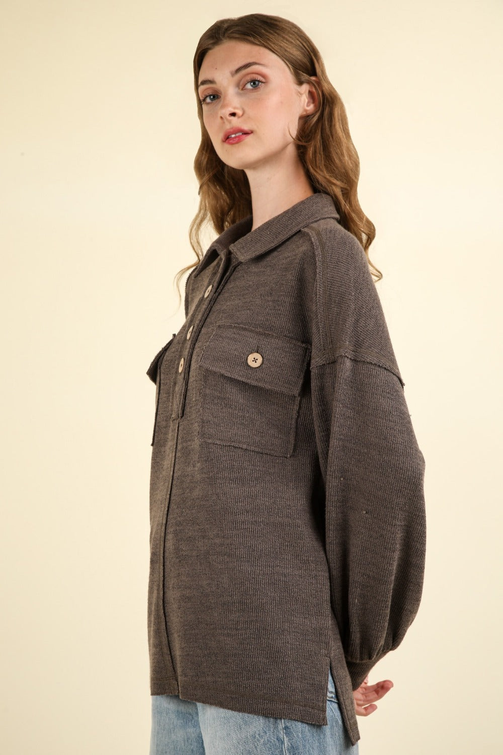 VERY J Collared Half Button Knit Top with Pockets - Charming Charlie
