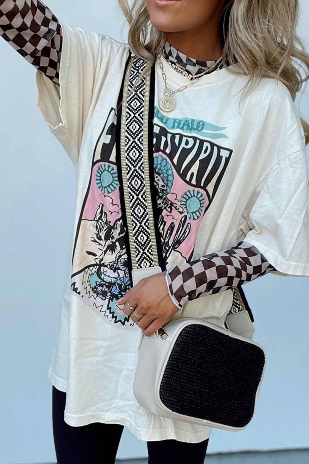 Checkered Mock Neck Long Sleeve Blouse - Charming Charlie