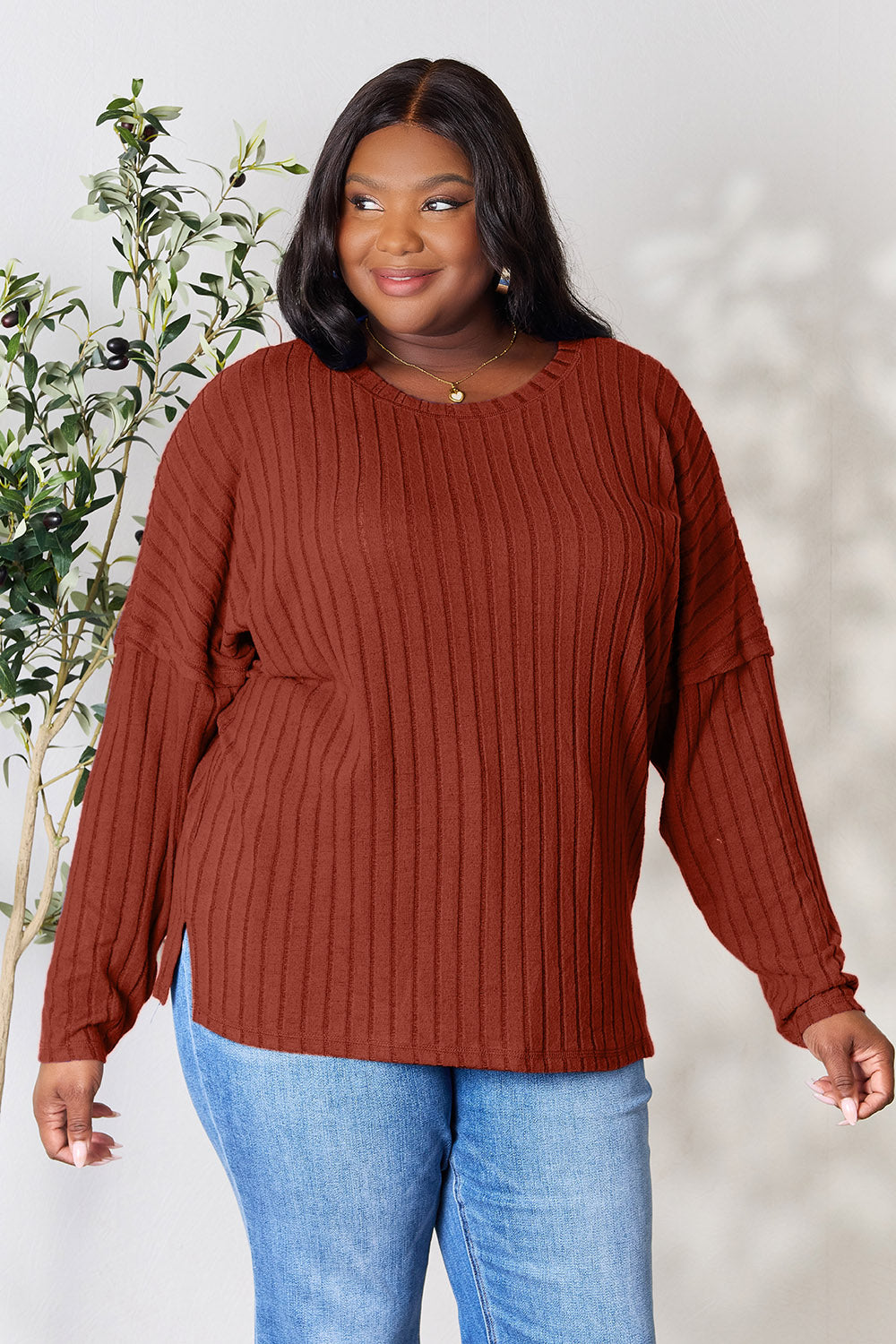 Basic Bae Full Size Ribbed Round Neck Slit Knit Top - Charming Charlie