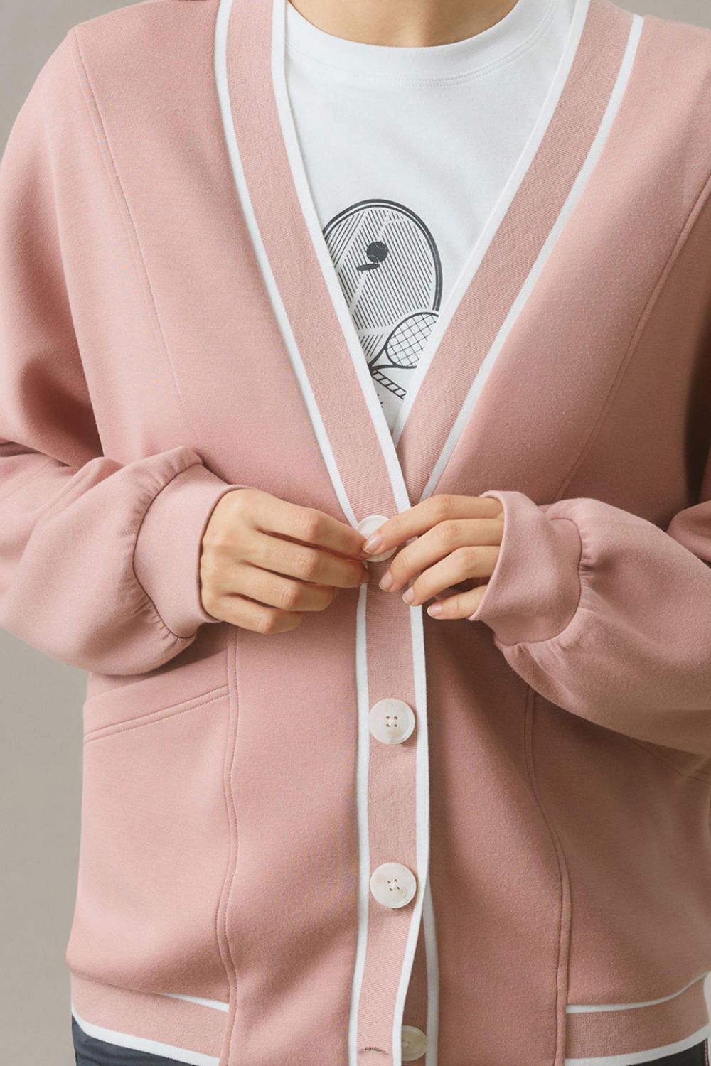 Contrast Trim V Neck Button Up Cardigan - Charming Charlie