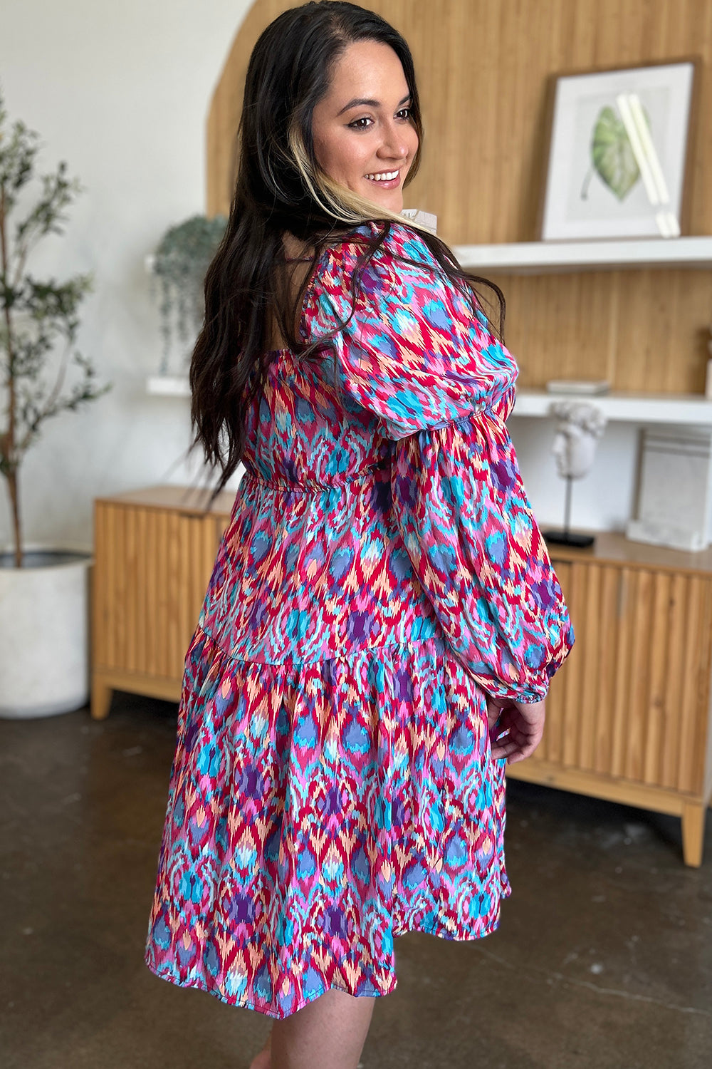Double Take Full Size Printed Long Sleeve Dress - Charming Charlie