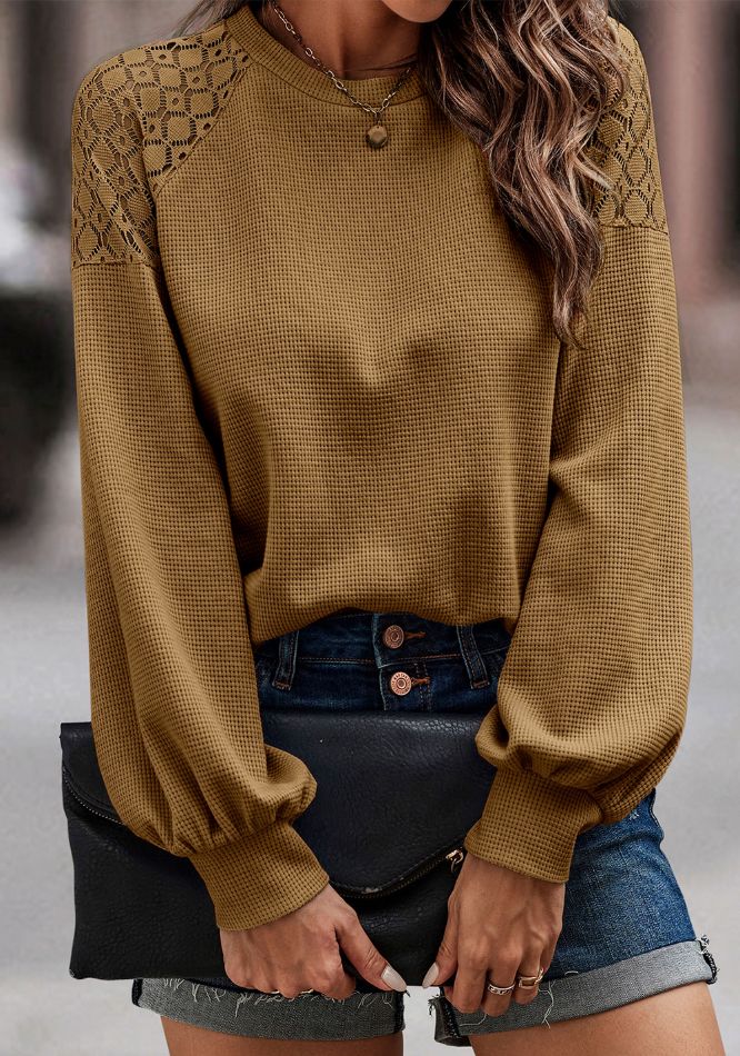 Lace Detail Round Neck Lantern Sleeve Top - Charming Charlie
