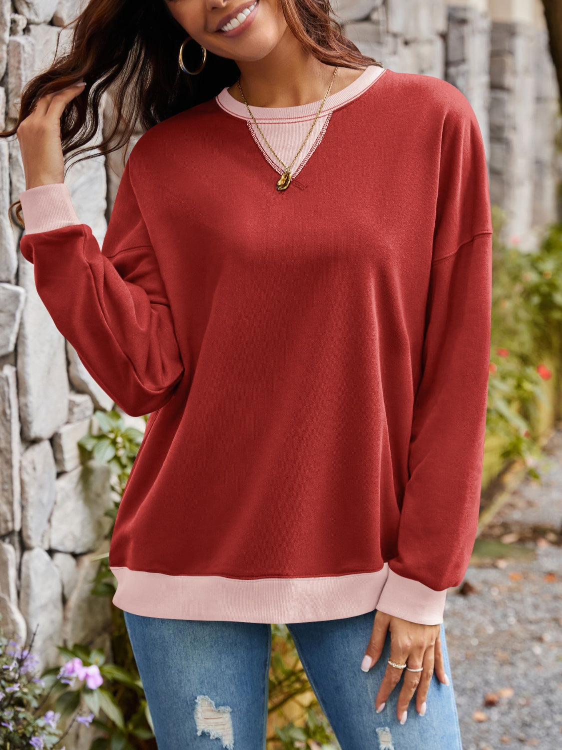 Contrast Round Neck Long Sleeve Sweatshirt - Charming Charlie