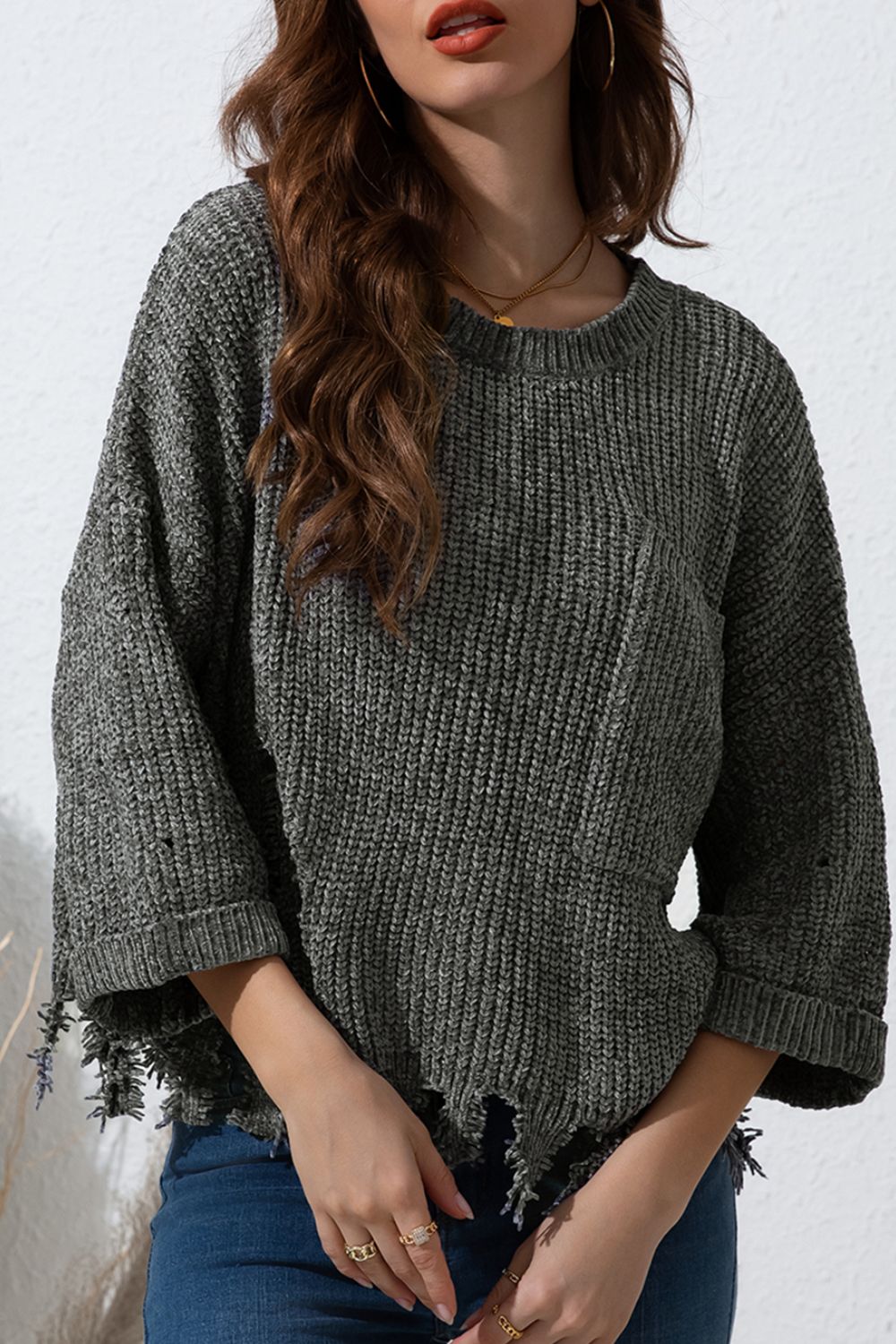 Distressed Round Neck Drop Shoulder Sweater - Charming Charlie