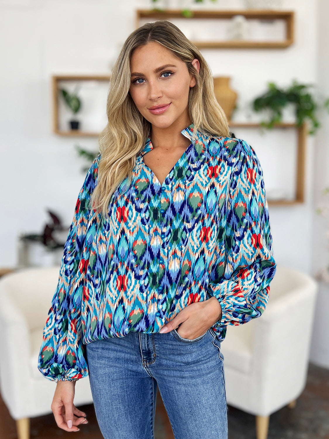 Double Take Full Size Printed Balloon Sleeve Blouse - Charming Charlie