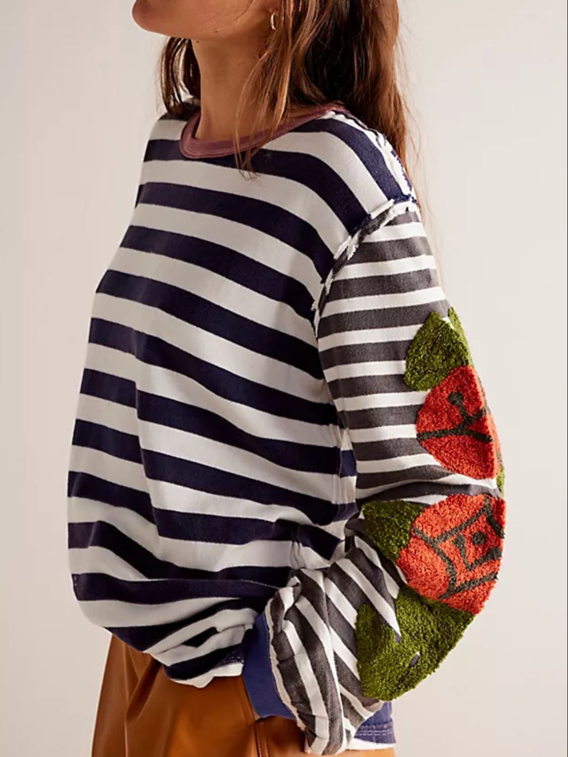 Striped Round Neck Long Sleeve Sweatshirt - Charming Charlie