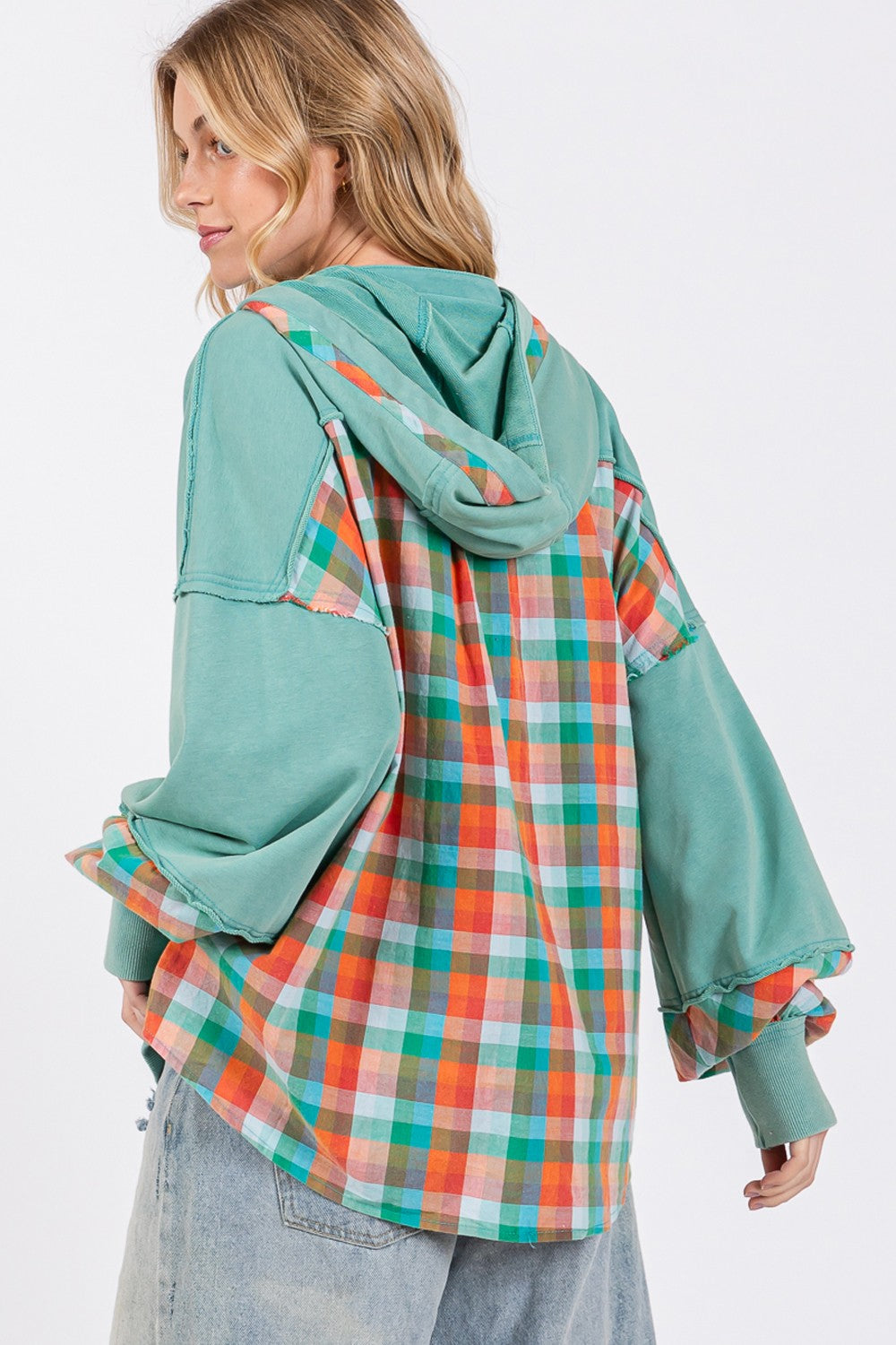 SAGE + FIG Full Size Plaid Print Washed Hoodie - Charming Charlie