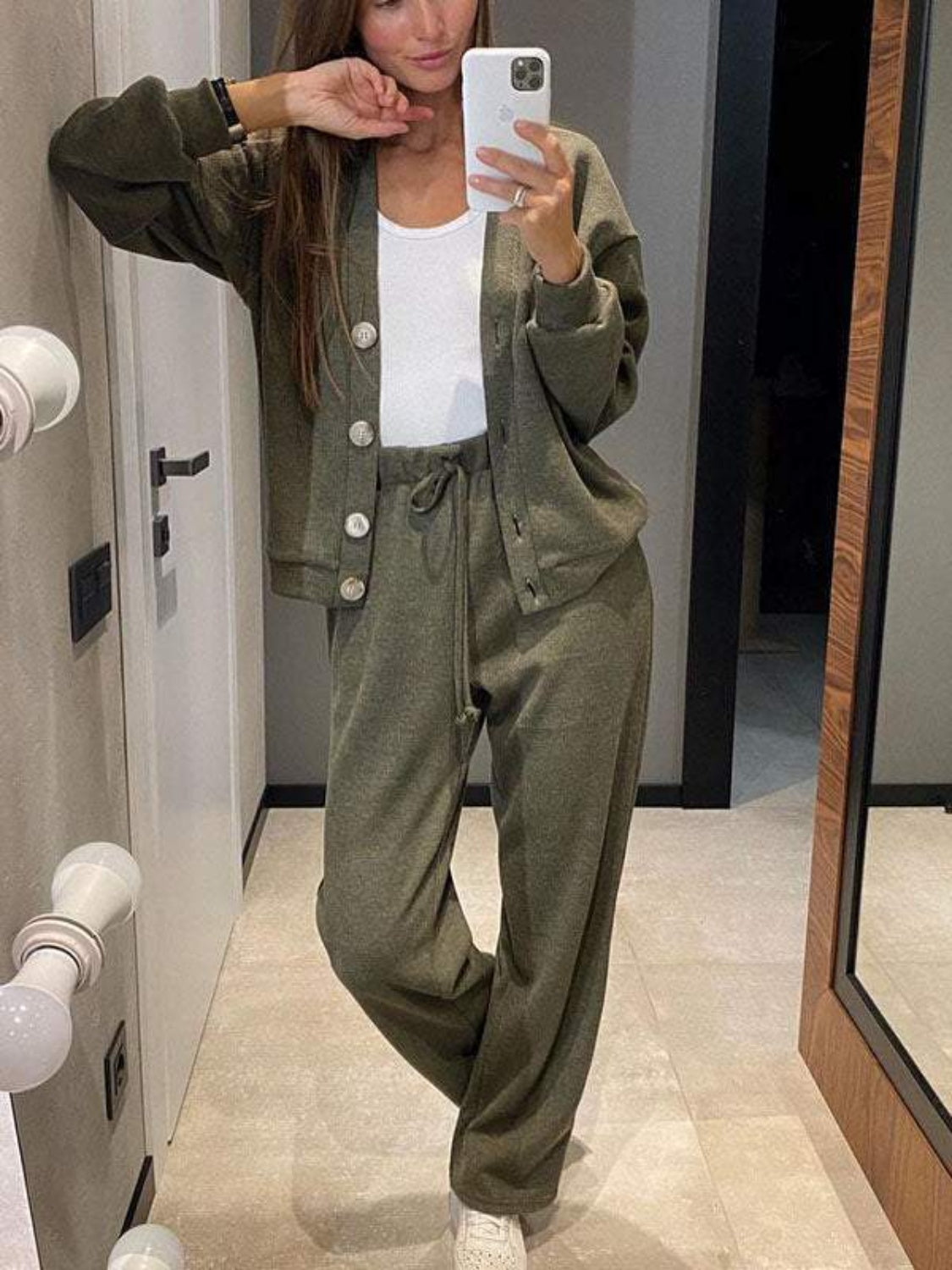 Full Size Button Up Long Sleeve Top and Pants Set - Charming Charlie