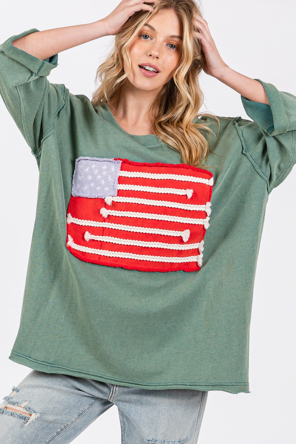 SAGE + FIG Full Size American Flag Patch Drop Shoulder T-Shirt - Charming Charlie