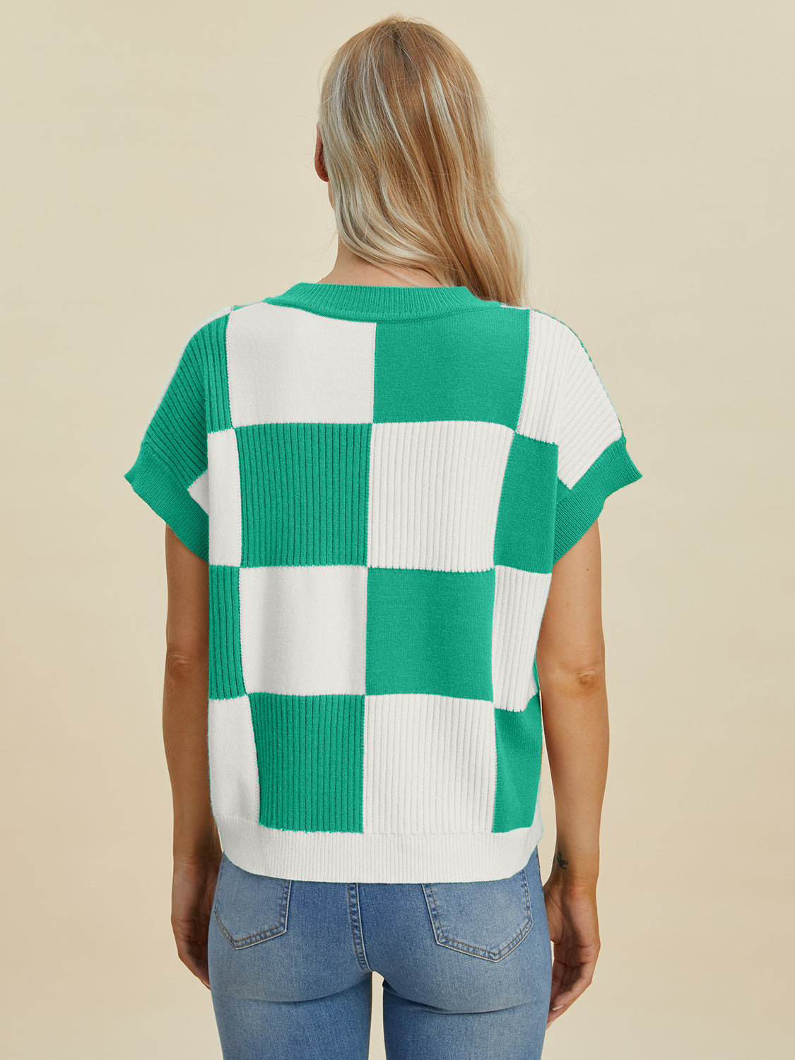 Double Take Full Size Checkered Round Neck Short Sleeve Sweater - Charming Charlie