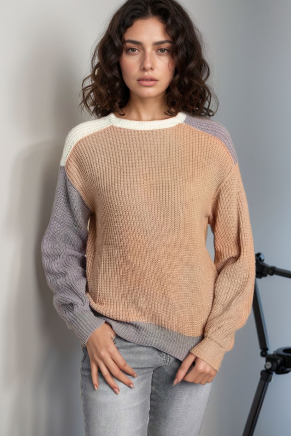 Color Block Round Neck Drop Shoulder Sweater - Charming Charlie