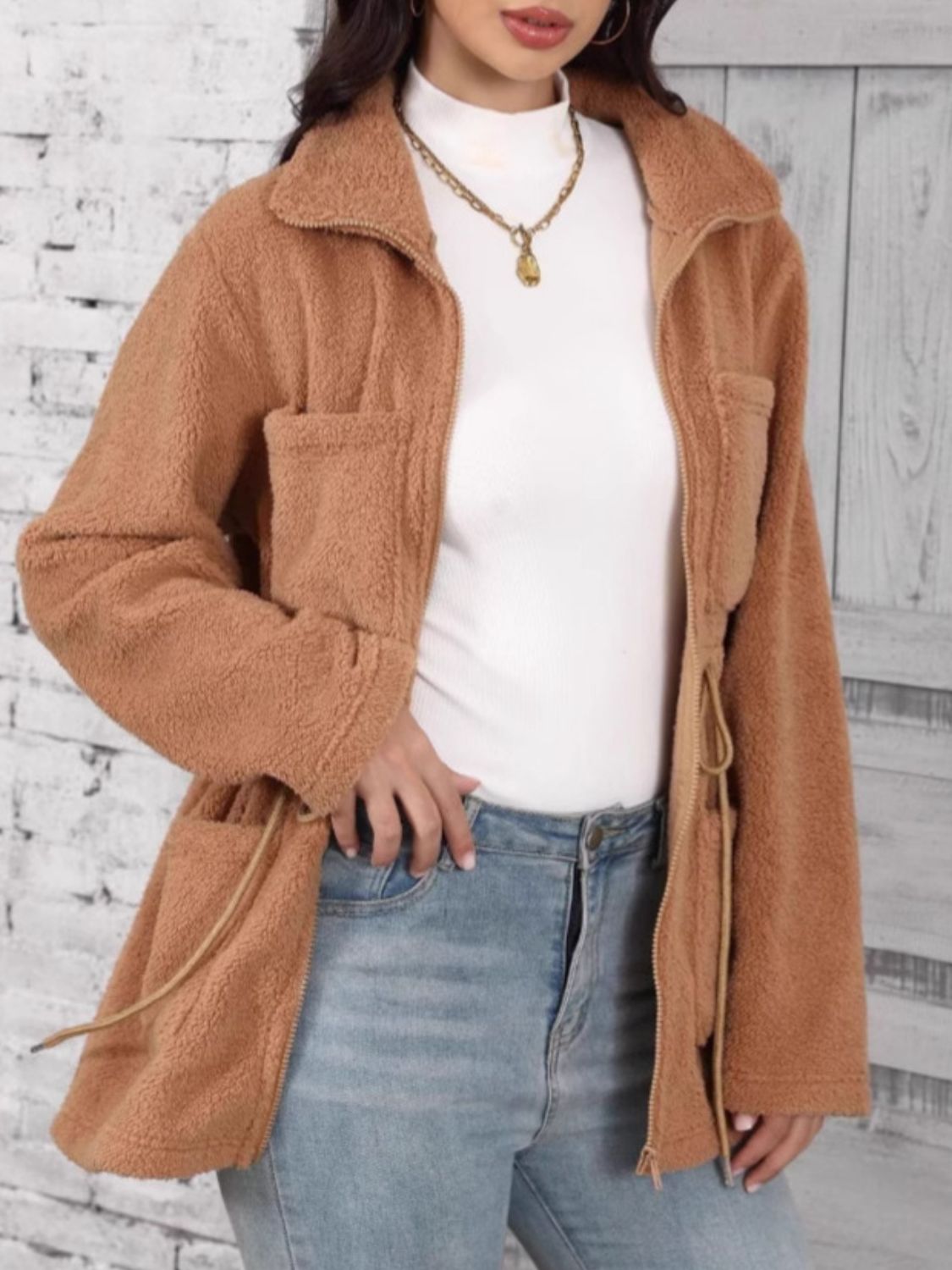 Drawstring Zip Up Long Sleeve Outerwear - Charming Charlie