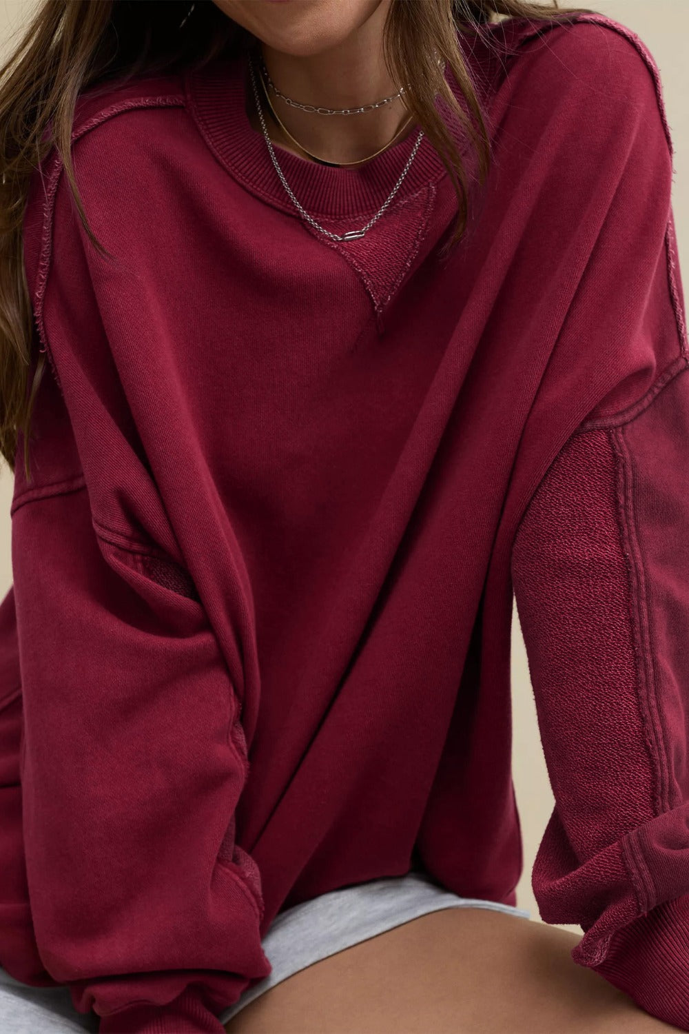 Side Slit Round Neck Long Sleeve Sweatshirt - Charming Charlie