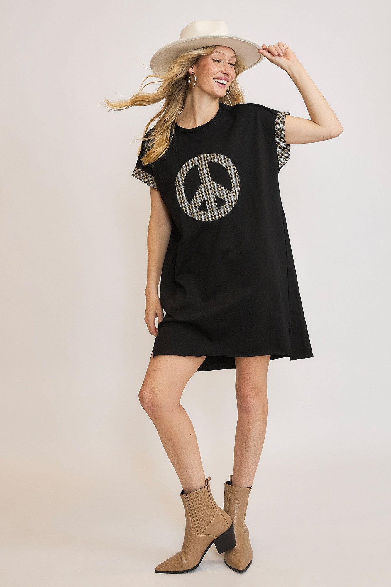 Umgee Peace Plaid Applique Short Sleeve Mini Dress - Charming Charlie