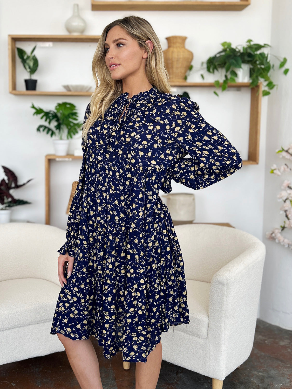 Double Take Full Size Printed Ruffle Hem Long Sleeve Tiered Dress - Charming Charlie
