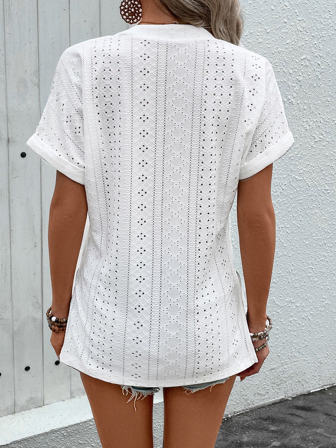 Eyelet Notched Short Sleeve Blouse - Charming Charlie