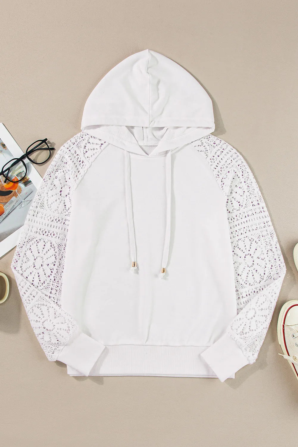 Drawstring Openwork Long Sleeve Hoodie - Charming Charlie