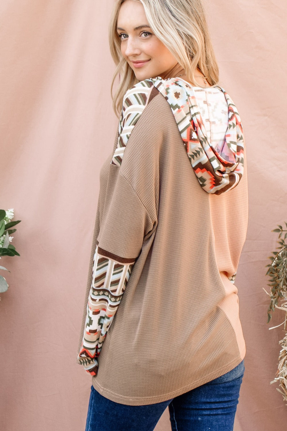 And The Why Printed Color Block Hooded Waffle Top - Charming Charlie