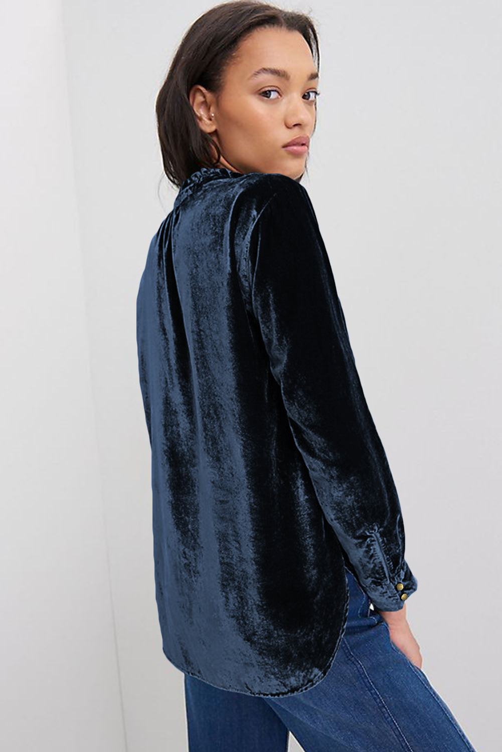 Frill Half Button Mock Neck Long Sleeve Blouse - Charming Charlie
