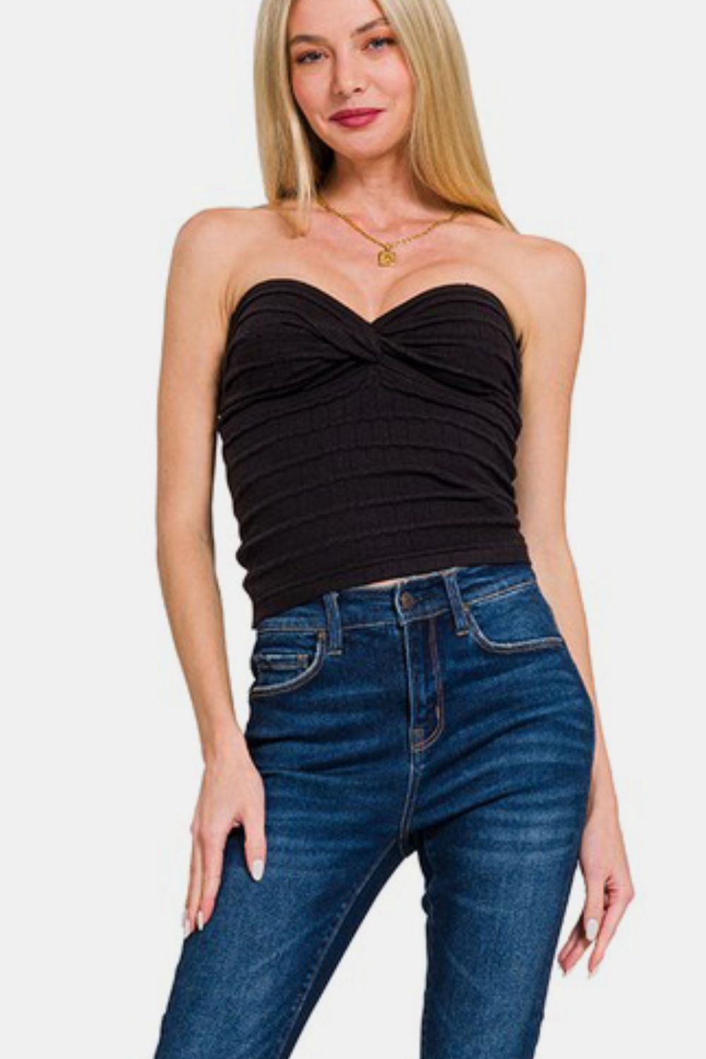 Zenana Ruched Twisted Sweetheart Neck Top - Charming Charlie