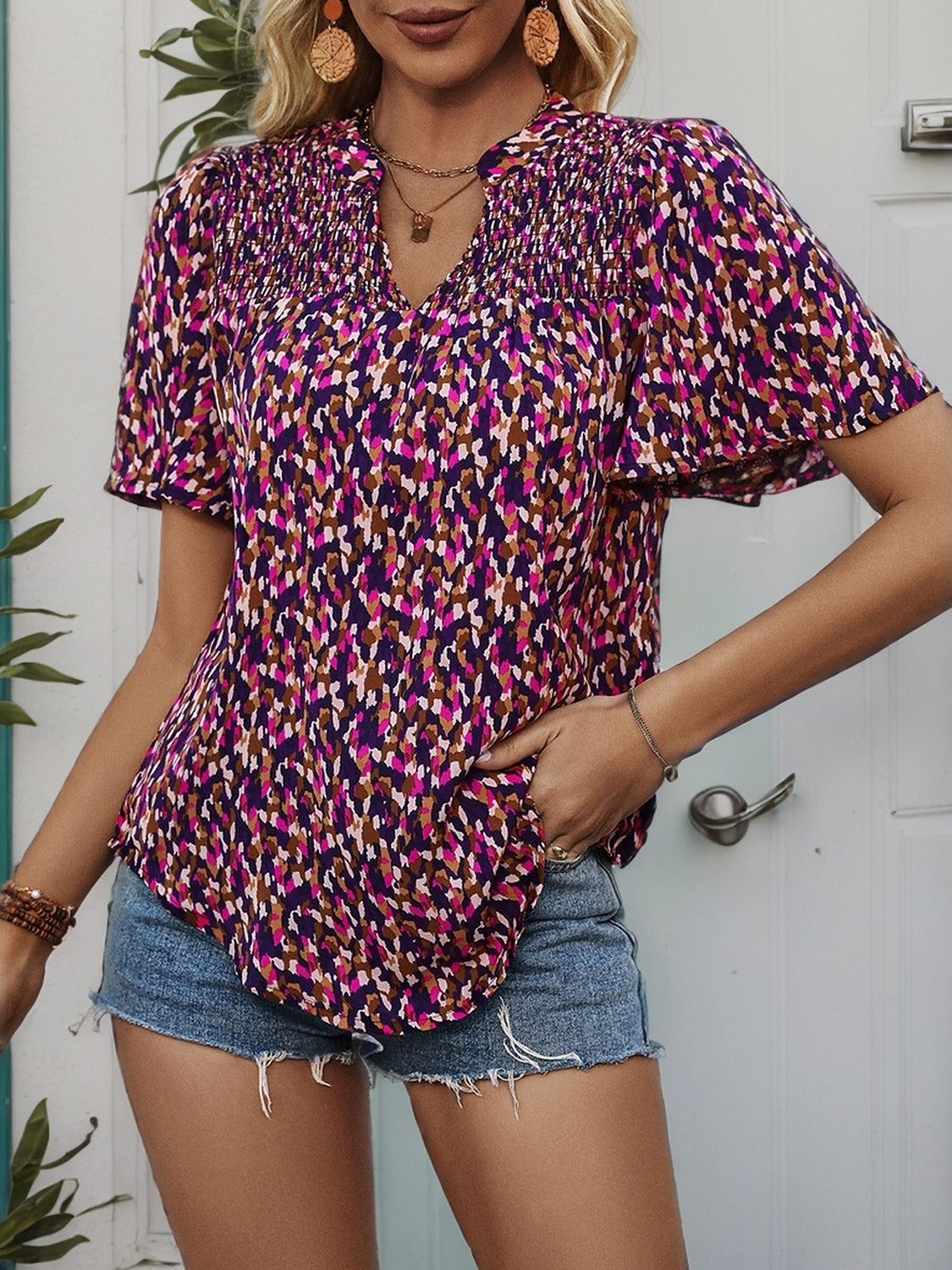 Printed Notched Flutter Sleeve Blouse - Charming Charlie