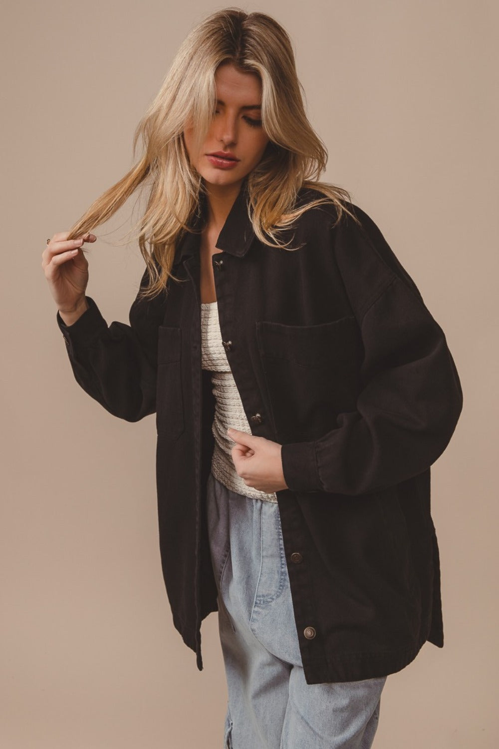 BiBi Button Up Washed Jacket with Pockets - Charming Charlie