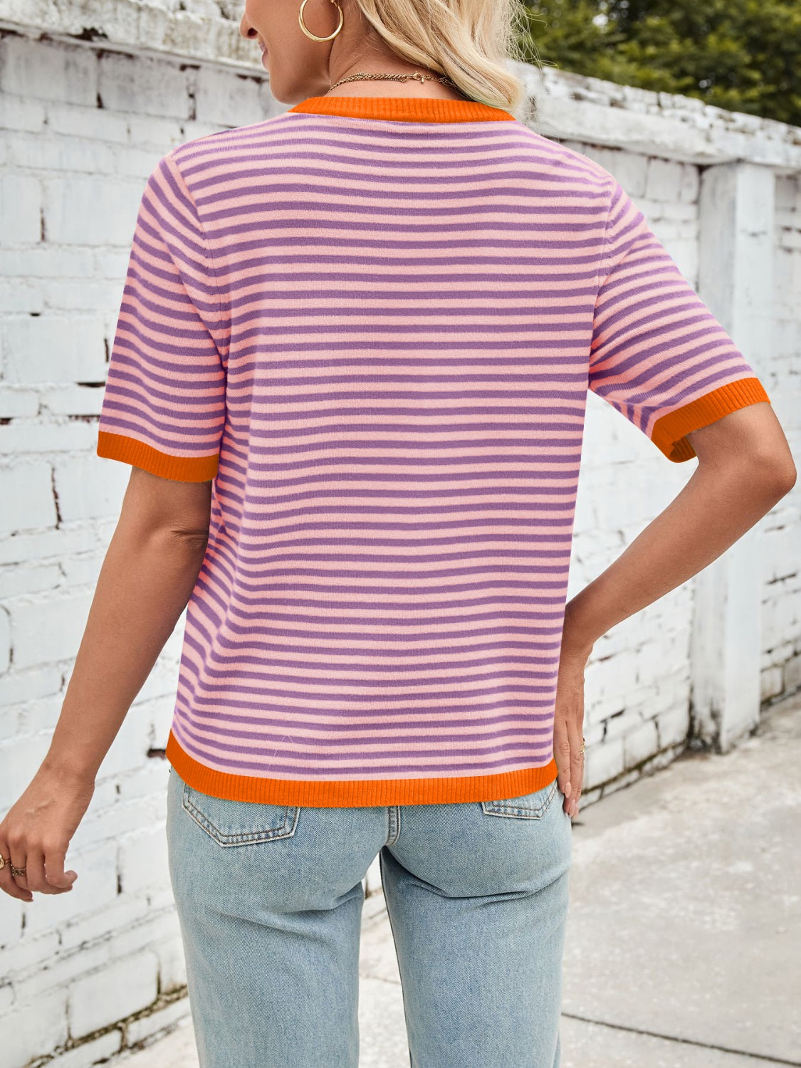 Lovelet Striped Contrast Round Neck Half Sleeve Knit Top - Charming Charlie