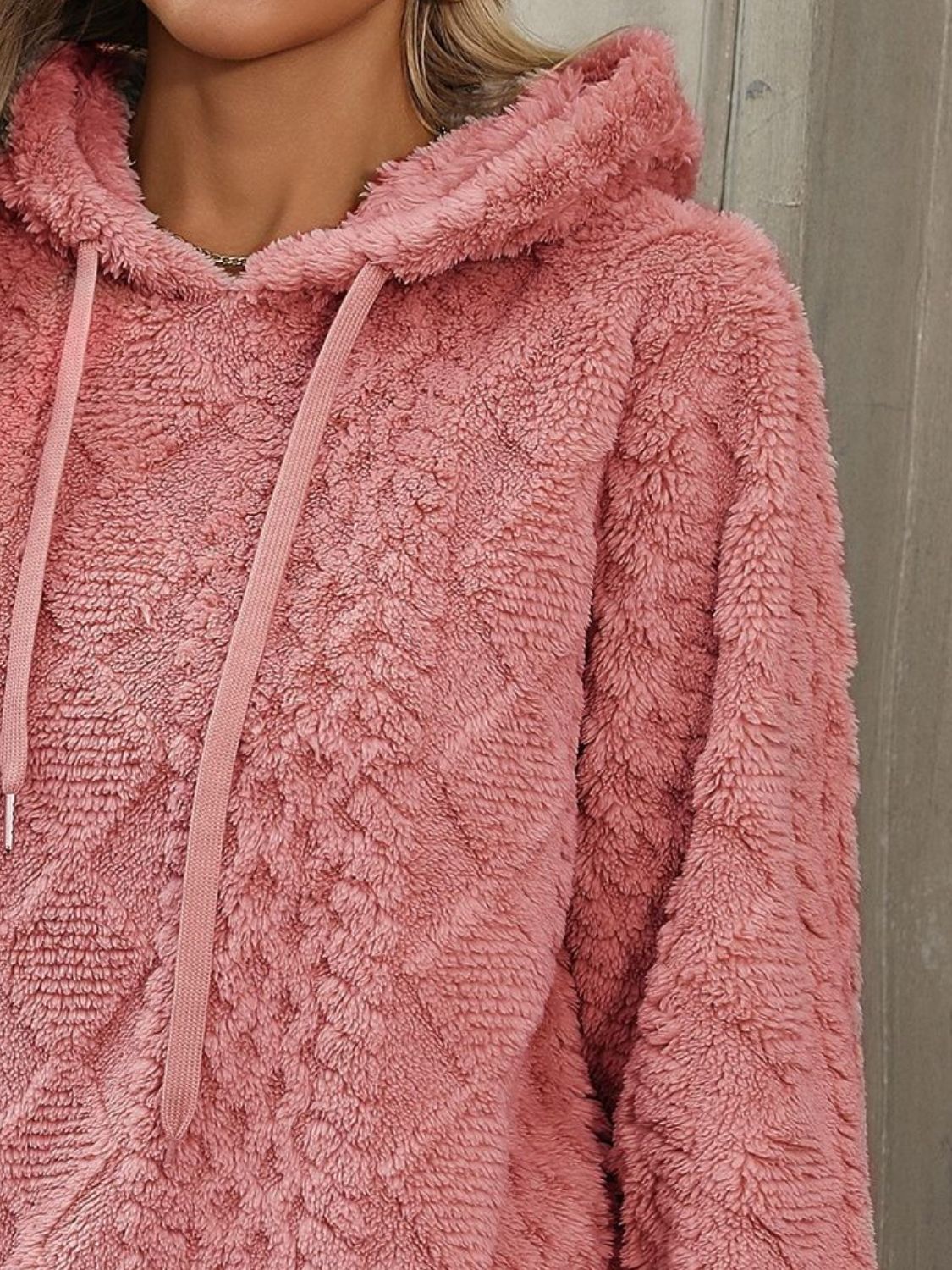 Drawstring Long Sleeve Plush Hoodie - Charming Charlie