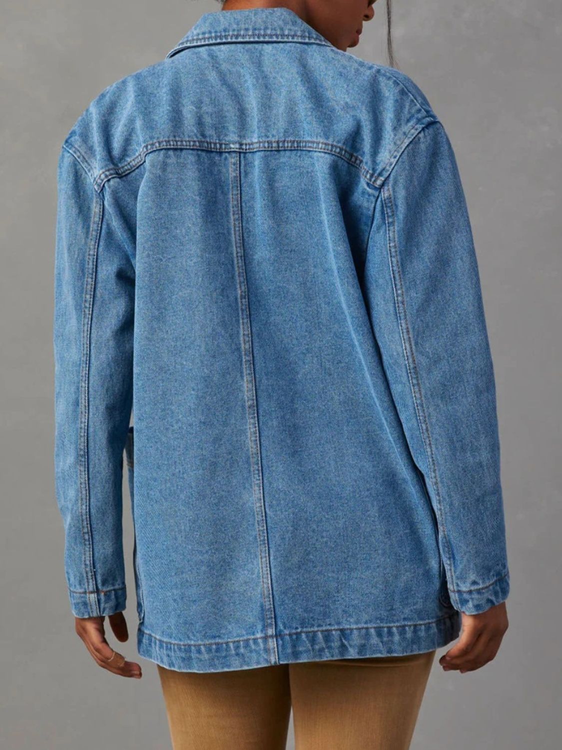 Pocketed Lapel Collar Long Sleeve Denim Jacket - Charming Charlie