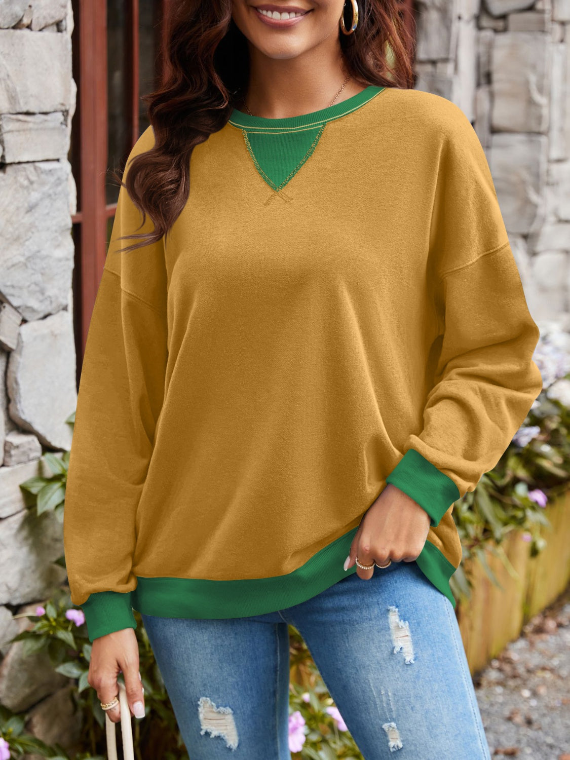 Contrast Round Neck Long Sleeve Sweatshirt - Charming Charlie